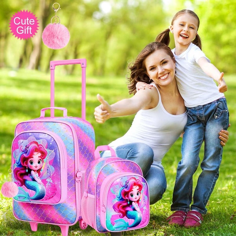FTJCF Store 2PCS Girls Suitcase Set, 18" Kids Mermaid Carry on Luggage with Wheels, Cute Travel Rolling with 12" Toddler Backpack(Pink) - Image 2